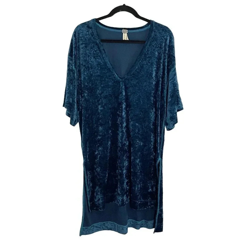 Free People - We the Free Blue Luxe Crushed Velvet Tunic Tee Women's Size Small